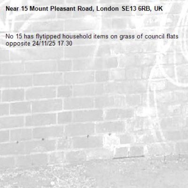 No 15 has flytipped household items on grass of council flats opposite 24/11/25 17.30-15 Mount Pleasant Road, London SE13 6RB, UK