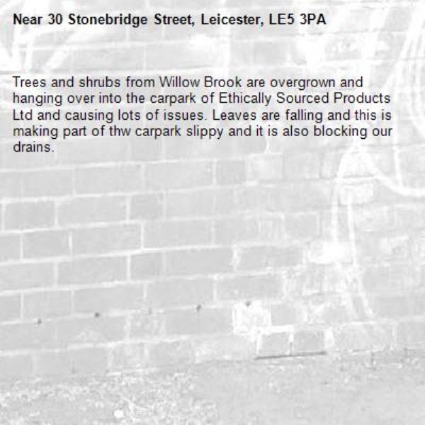 Trees and shrubs from Willow Brook are overgrown and hanging over into the carpark of Ethically Sourced Products Ltd and causing lots of issues. Leaves are falling and this is making part of thw carpark slippy and it is also blocking our drains.-30 Stonebridge Street, Leicester, LE5 3PA