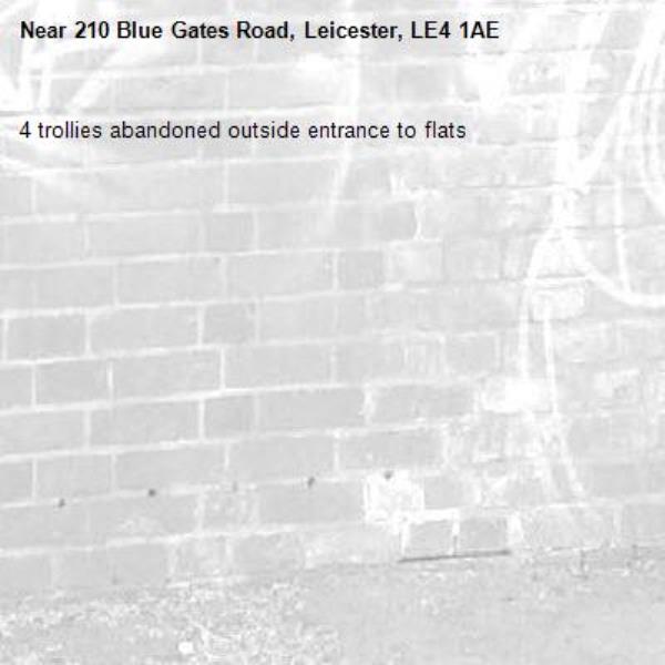 4 trollies abandoned outside entrance to flats-210 Blue Gates Road, Leicester, LE4 1AE