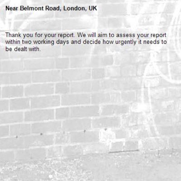 Thank you for your report. We will aim to assess your report within two working days and decide how urgently it needs to be dealt with.-Belmont Road, London, UK