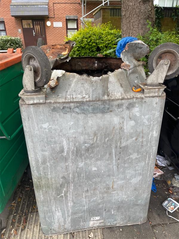 Sycamore court storing bins on pavement. Burnt out. Tipped upside down…-Sycamore Court, 228 Romford Road, Forest Gate, London, E7 9HB