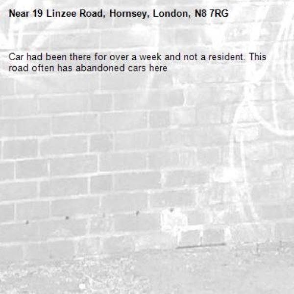 Car had been there for over a week and not a resident. This road often has abandoned cars here-19 Linzee Road, Hornsey, London, N8 7RG