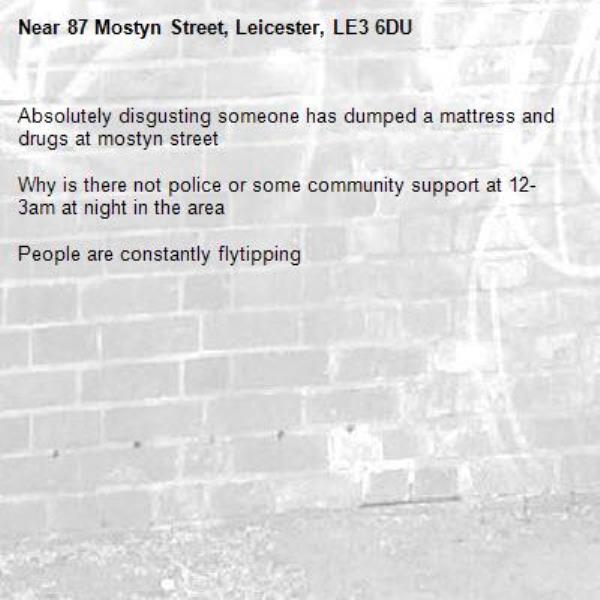 Absolutely disgusting someone has dumped a mattress and drugs at mostyn street 

Why is there not police or some community support at 12-3am at night in the area 

People are constantly flytipping -87 Mostyn Street, Leicester, LE3 6DU