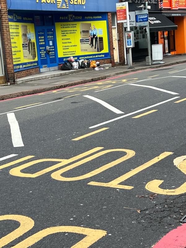 Rubbish has been outside this shop for last 5 days. Need cleaning up the whole area needs litter picking done. -104 King's Road, RG1 3BY, England, United Kingdom