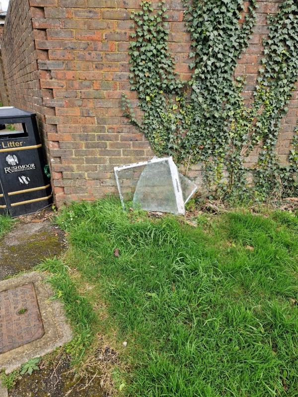 A panel of glass in 2 pieces dumped next to the bin in the back alleyway of Bracklesham Close, Farnborough -91 Bracklesham Close, Farnborough, GU14 8LP