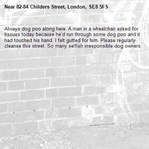 Always dog poo along here. A man in a wheelchair asked for tissues today because he'd run through some dog poo and it had touched his hand. I felt gutted for him. Please regularly cleanse this street. So many selfish irresponsible dog owners.-82-84 Childers Street, London, SE8 5FS