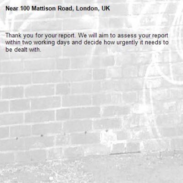 Thank you for your report. We will aim to assess your report within two working days and decide how urgently it needs to be dealt with.-100 Mattison Road, London, UK