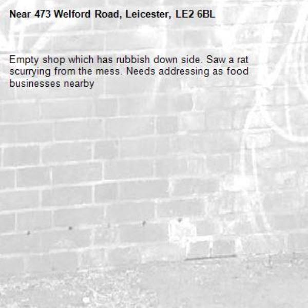 Empty shop which has rubbish down side. Saw a rat scurrying from the mess. Needs addressing as food businesses nearby -473 Welford Road, Leicester, LE2 6BL