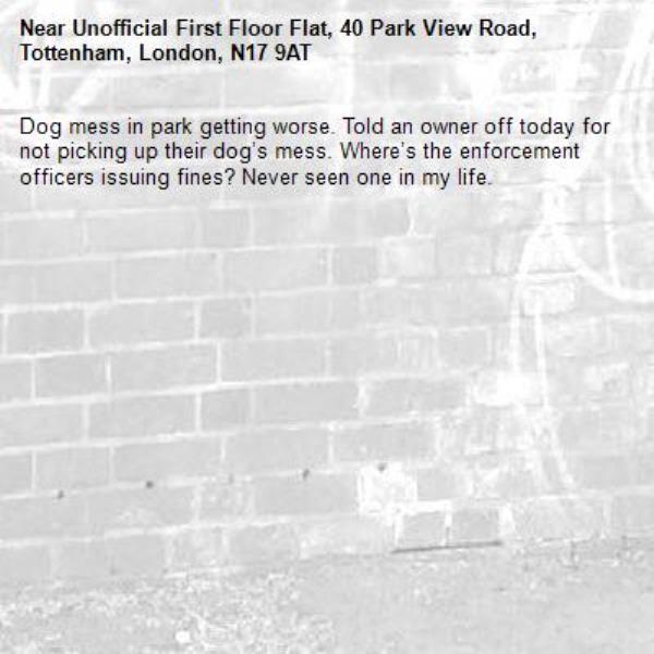 Dog mess in park getting worse. Told an owner off today for not picking up their dog’s mess. Where’s the enforcement officers issuing fines? Never seen one in my life. -Unofficial First Floor Flat, 40 Park View Road, Tottenham, London, N17 9AT
