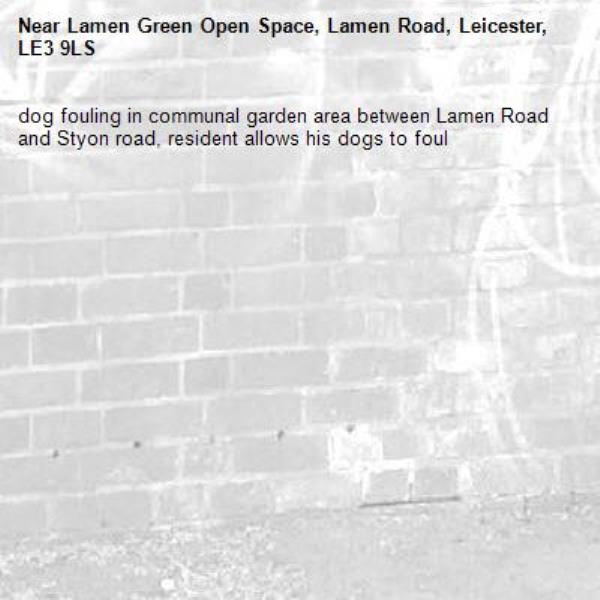 dog fouling in communal garden area between Lamen Road and Styon road, resident allows his dogs to foul-Lamen Green Open Space, Lamen Road, Leicester, LE3 9LS
