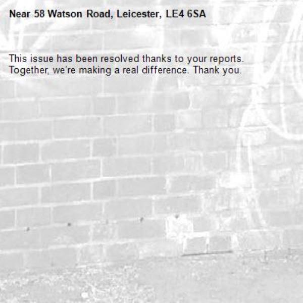 This issue has been resolved thanks to your reports.
Together, we’re making a real difference. Thank you.
-58 Watson Road, Leicester, LE4 6SA