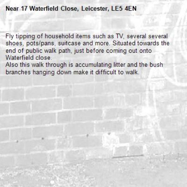 Fly tipping of household items such as TV, several several shoes, pots/pans, suitcase and more. Situated towards the end of public walk path, just before coming out onto Waterfield close. 
Also this walk through is accumulating litter and the bush branches hanging down make it difficult to walk. -17 Waterfield Close, Leicester, LE5 4EN