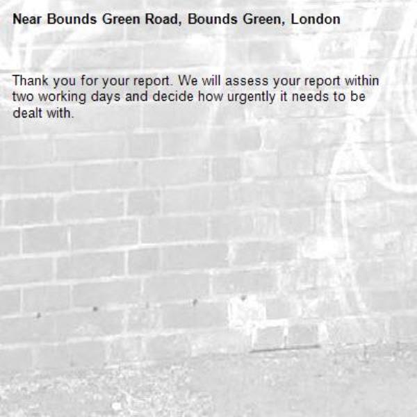 Thank you for your report. We will assess your report within two working days and decide how urgently it needs to be dealt with.-Bounds Green Road, Bounds Green, London