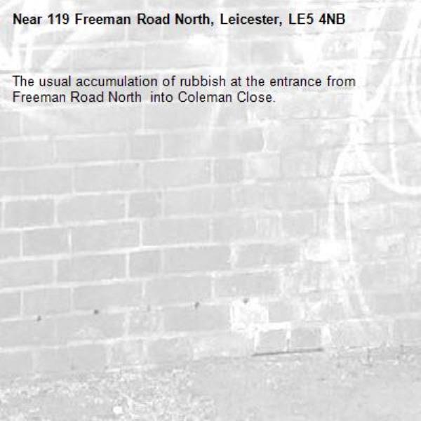 The usual accumulation of rubbish at the entrance from Freeman Road North  into Coleman Close.-119 Freeman Road North, Leicester, LE5 4NB
