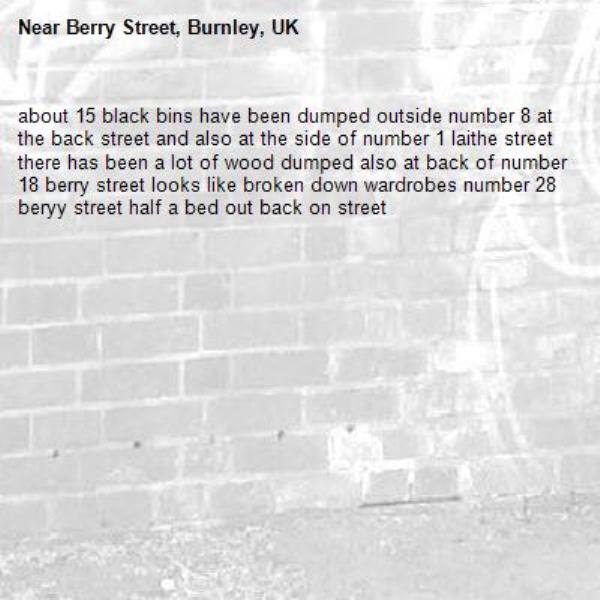 about 15 black bins have been dumped outside number 8 at the back street and also at the side of number 1 laithe street there has been a lot of wood dumped also at back of number 18 berry street looks like broken down wardrobes number 28 beryy street half a bed out back on street -Berry Street, Burnley, UK