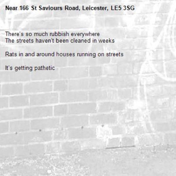 There’s so much rubbish everywhere
The streets haven’t been cleaned in weeks 

Rats in and around houses running on streets 

It’s getting pathetic -166 St Saviours Road, Leicester, LE5 3SG