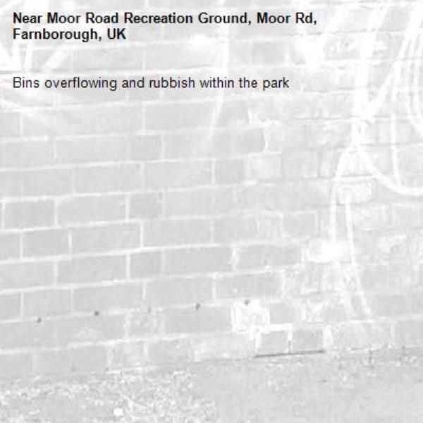 Bins overflowing and rubbish within the park -Moor Road Recreation Ground, Moor Rd, Farnborough, UK