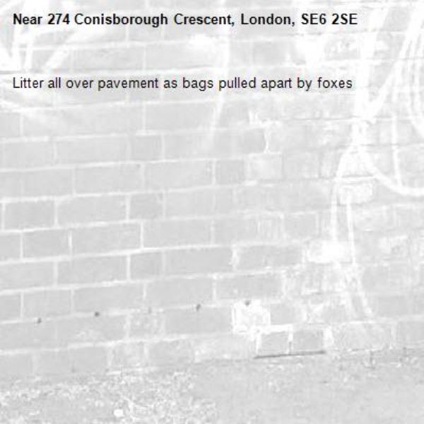 Litter all over pavement as bags pulled apart by foxes-274 Conisborough Crescent, London, SE6 2SE