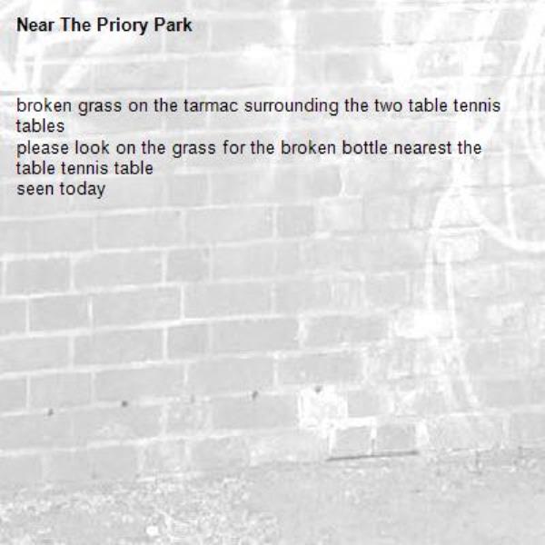 broken grass on the tarmac surrounding the two table tennis tables
please look on the grass for the broken bottle nearest the table tennis table
seen today-The Priory Park