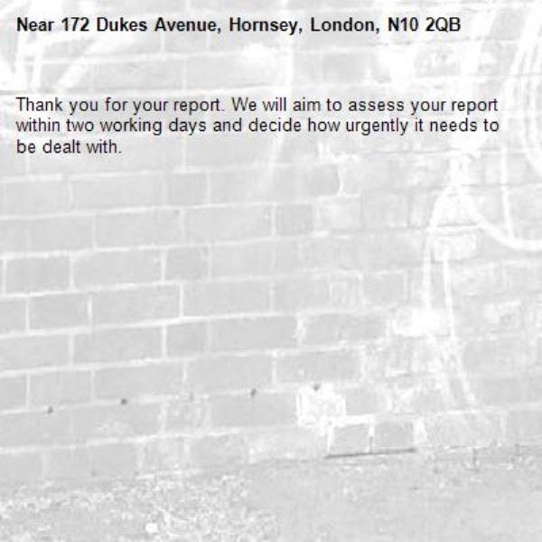 Thank you for your report. We will aim to assess your report within two working days and decide how urgently it needs to be dealt with.-172 Dukes Avenue, Hornsey, London, N10 2QB