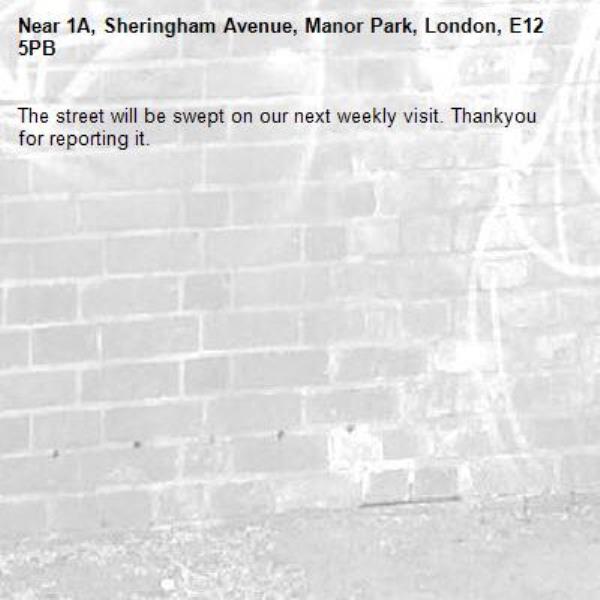 The street will be swept on our next weekly visit. Thankyou for reporting it.-1A, Sheringham Avenue, Manor Park, London, E12 5PB