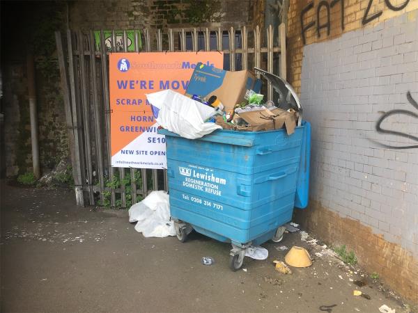 By Railway Bridge . 1100 litre refuse bin . This does not appear to belong to any one. Can this be removed-Park View, 156 Trundleys Road, London, SE8 5JL