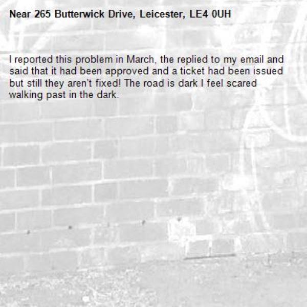 I reported this problem in March, the replied to my email and said that it had been approved and a ticket had been issued but still they aren’t fixed! The road is dark I feel scared walking past in the dark.-265 Butterwick Drive, Leicester, LE4 0UH