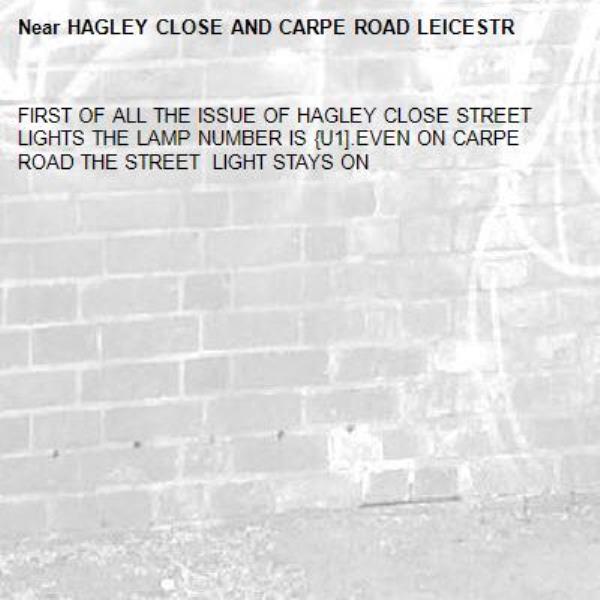 FIRST OF ALL THE ISSUE OF HAGLEY CLOSE STREET LIGHTS THE LAMP NUMBER IS {U1].EVEN ON CARPE ROAD THE STREET  LIGHT STAYS ON-HAGLEY CLOSE AND CARPE ROAD LEICESTR