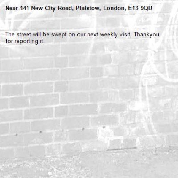 The street will be swept on our next weekly visit. Thankyou for reporting it.-141 New City Road, Plaistow, London, E13 9QD