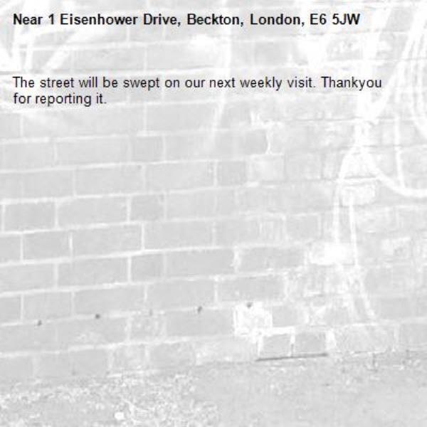 The street will be swept on our next weekly visit. Thankyou for reporting it.-1 Eisenhower Drive, Beckton, London, E6 5JW
