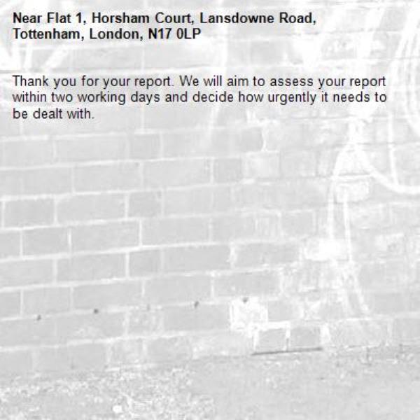 Thank you for your report. We will aim to assess your report within two working days and decide how urgently it needs to be dealt with.-Flat 1, Horsham Court, Lansdowne Road, Tottenham, London, N17 0LP