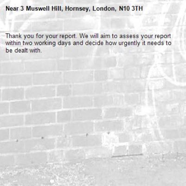 Thank you for your report. We will aim to assess your report within two working days and decide how urgently it needs to be dealt with.-3 Muswell Hill, Hornsey, London, N10 3TH