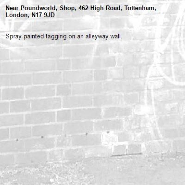 Spray painted tagging on an alleyway wall.-Poundworld, Shop, 462 High Road, Tottenham, London, N17 9JD