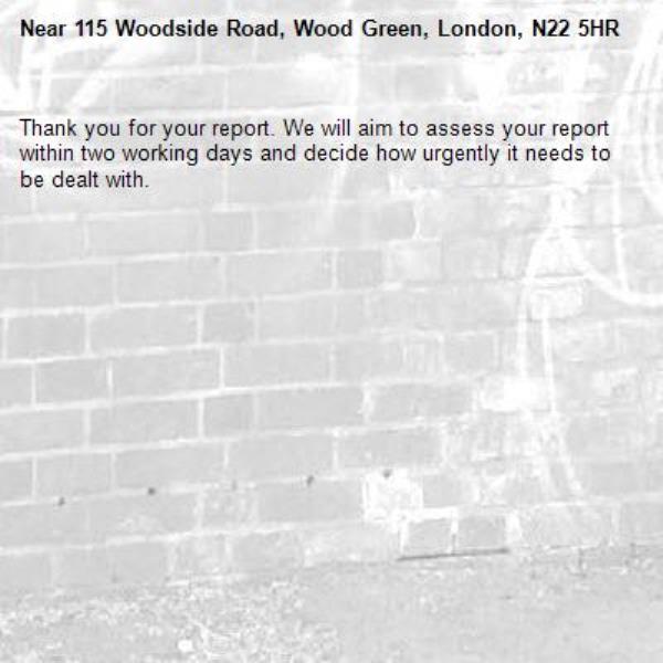 Thank you for your report. We will aim to assess your report within two working days and decide how urgently it needs to be dealt with.-115 Woodside Road, Wood Green, London, N22 5HR