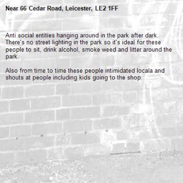 Anti social entities hanging around in the park after dark.
There's no street lighting in the park so it's ideal for these people to sit, drink alcohol, smoke weed and litter around the park.

Also from time to time these people intimidated locala and shouts at people including kids going to the shop.
-66 Cedar Road, Leicester, LE2 1FF