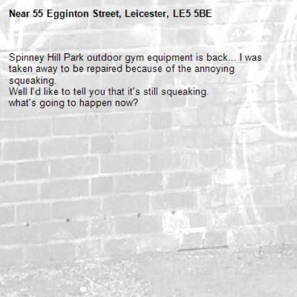 Spinney Hill Park outdoor gym equipment is back... I was taken away to be repaired because of the annoying squeaking. 
Well I'd like to tell you that it's still squeaking. 
what's going to happen now?-55 Egginton Street, Leicester, LE5 5BE