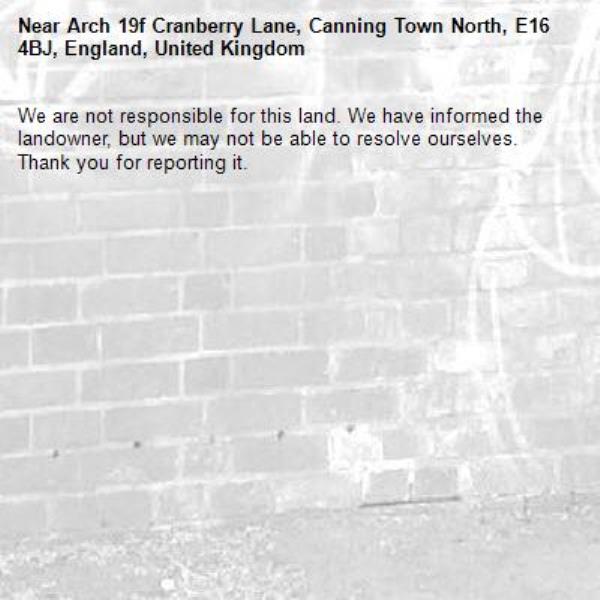 We are not responsible for this land. We have informed the landowner, but we may not be able to resolve ourselves. Thank you for reporting it.-Arch 19f Cranberry Lane, Canning Town North, E16 4BJ, England, United Kingdom