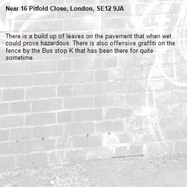 There is a build up of leaves on the pavement that when wet could prove hazardous. There is also offensive graffiti on the fence by the Bus stop K that has been there for quite sometime. -16 Pitfold Close, London, SE12 9JA