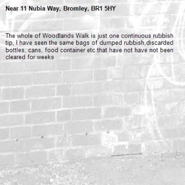 The whole of Woodlands Walk is just one continuous rubbish tip, l have seen the same bags of dumped rubbish,discarded  bottles, cans, food container etc that have not have not been cleared for weeks -11 Nubia Way, Bromley, BR1 5HY