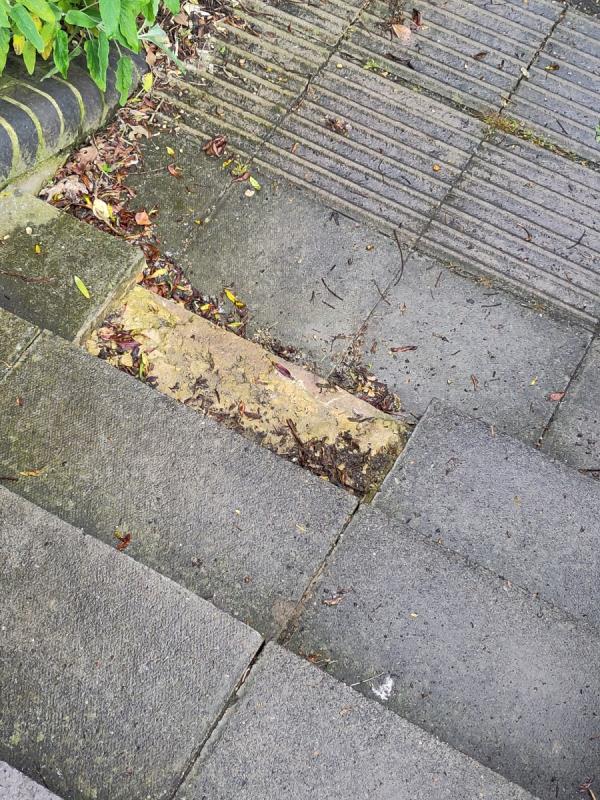 Missing tread/slab on last step down into Manor Park (Trip hazard)-Park View, Weardale Road, London, SE13 5QB