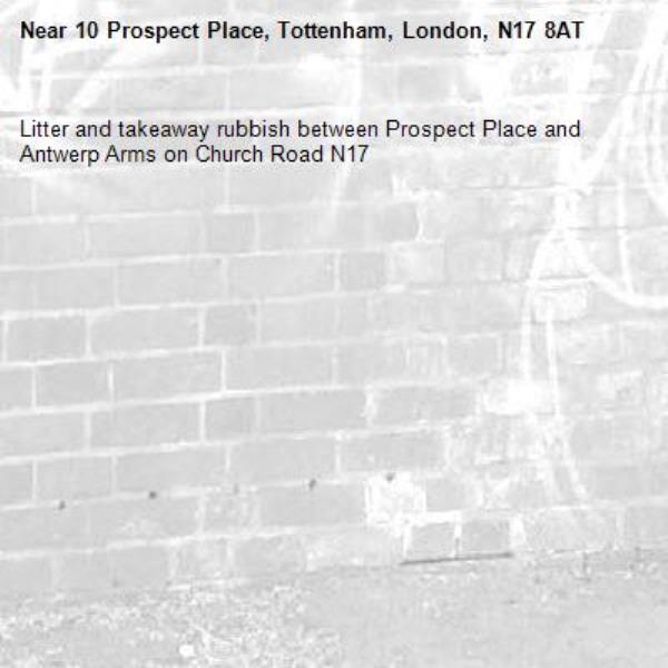 Litter and takeaway rubbish between Prospect Place and Antwerp Arms on Church Road N17 -10 Prospect Place, Tottenham, London, N17 8AT