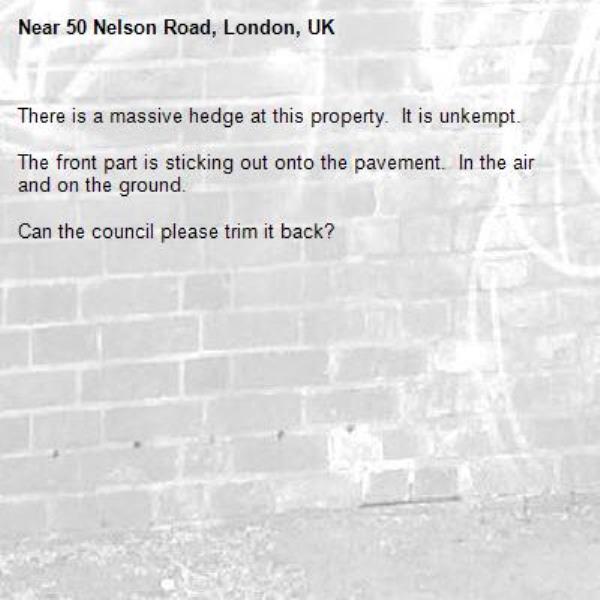 There is a massive hedge at this property.  It is unkempt.

The front part is sticking out onto the pavement.  In the air and on the ground.

Can the council please trim it back?
-50 Nelson Road, London, UK