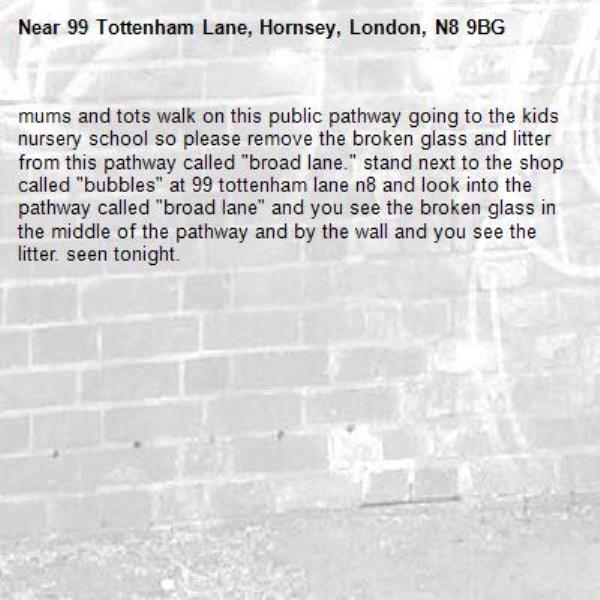 mums and tots walk on this public pathway going to the kids nursery school so please remove the broken glass and litter from this pathway called "broad lane." stand next to the shop called "bubbles" at 99 tottenham lane n8 and look into the pathway called "broad lane" and you see the broken glass in the middle of the pathway and by the wall and you see the litter. seen tonight. -99 Tottenham Lane, Hornsey, London, N8 9BG