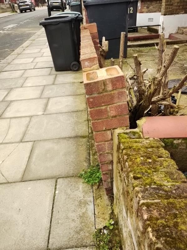 Unsafe wall about to collapse at no 10
Please refer to building control -Flat A, 10 Arcadian Gardens, Wood Green, London, N22 5AA