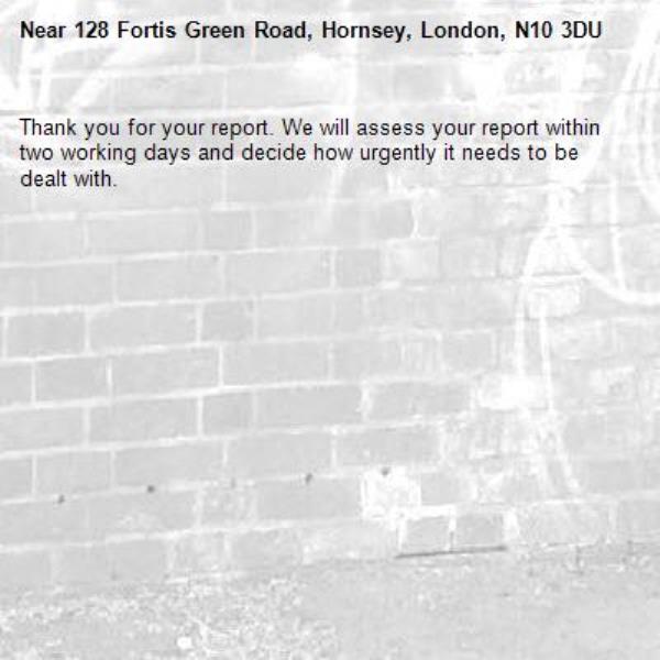 Thank you for your report. We will assess your report within two working days and decide how urgently it needs to be dealt with.-128 Fortis Green Road, Hornsey, London, N10 3DU