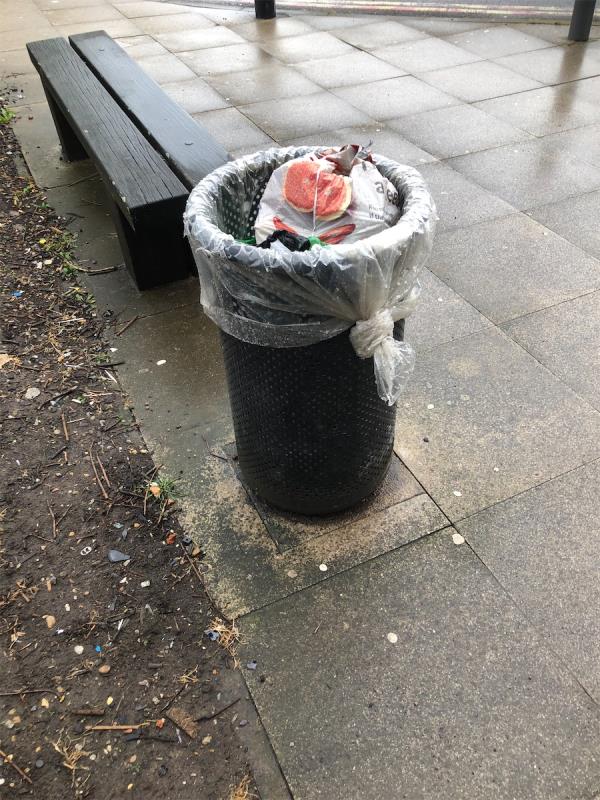 Downham Health and Leisure  Centre. Litter bin by bench requires emptying -Access Point, Downham Library, 7-9 Moorside Road, Bromley, BR1 5EP