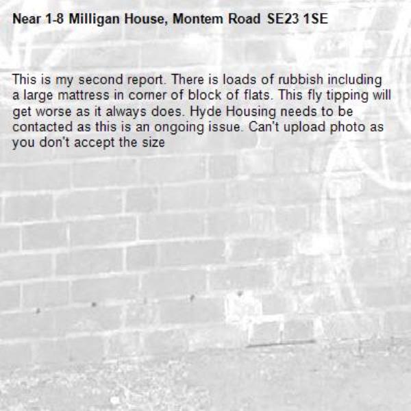This is my second report. There is loads of rubbish including a large mattress in corner of block of flats. This fly tipping will get worse as it always does. Hyde Housing needs to be contacted as this is an ongoing issue. Can&#39;t upload photo as you don&#39;t accept the size-1-8 Milligan House, Montem Road SE23 1SE 