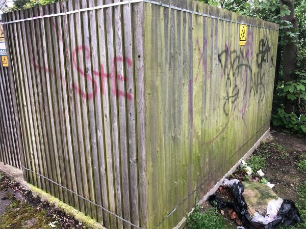 Remove graffiti from side and rear fence of Uk Power Network sub station-Hoover House, Beckenham Hill Road, Bellingham, Bromley, SE6 3PP