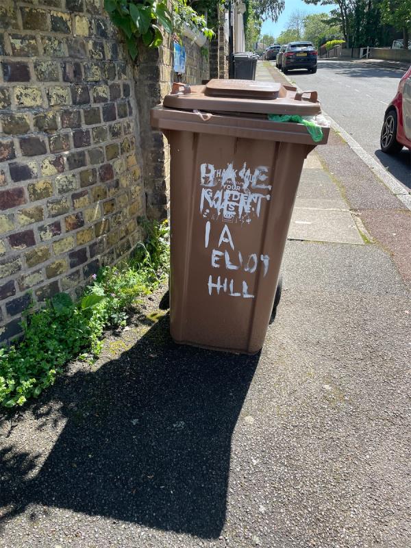 This brown bin appears to have been abandoned and is being filled with all sorts of rubbish-24 Eliot Park, Blackheath, London, SE13 7EG