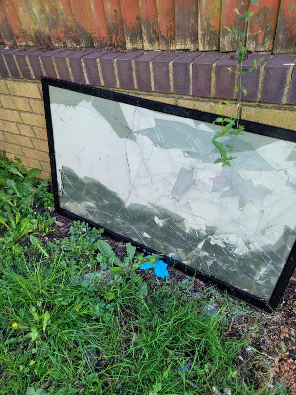 Fly tipped mirror on Mayfield Road behind the back gate of 16/17 Austen Road. There are lots of really sharp glass shards - please could this be cleared before someone gets hurt?-16 Austen Road, Farnborough, GU14 8LE
